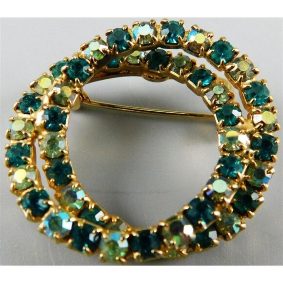 7/773 Vintage Double Ring Green / Blue Rhinestone Brooch Gold Tone 1.5 inches - Picture 1 of 3